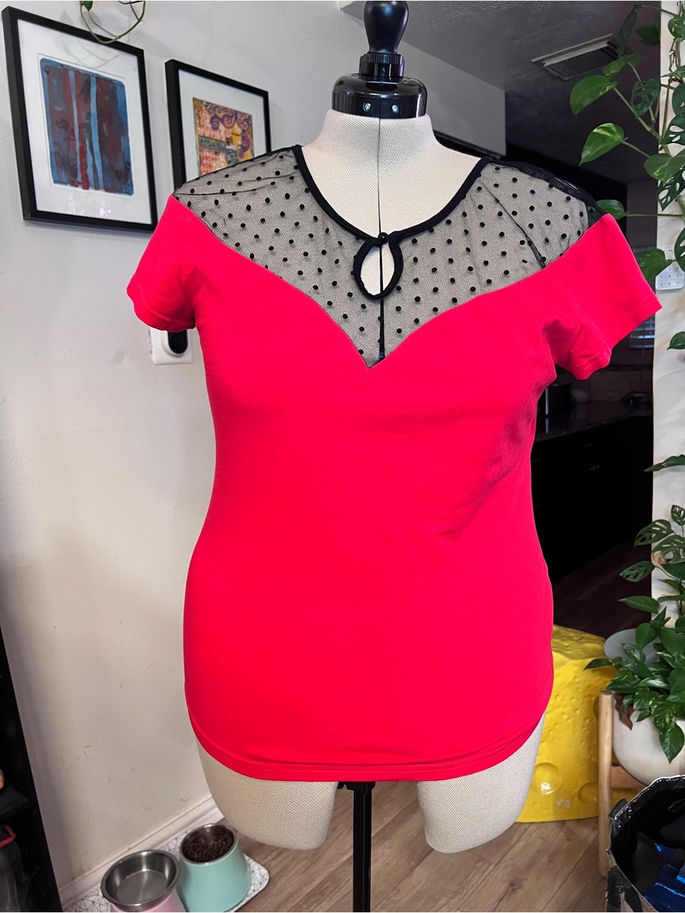 Women’s Red Mesh Yoke Short Sleeve Top